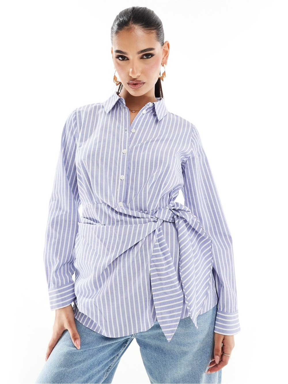 River Island poplin wrap shirt in blue stripe 12